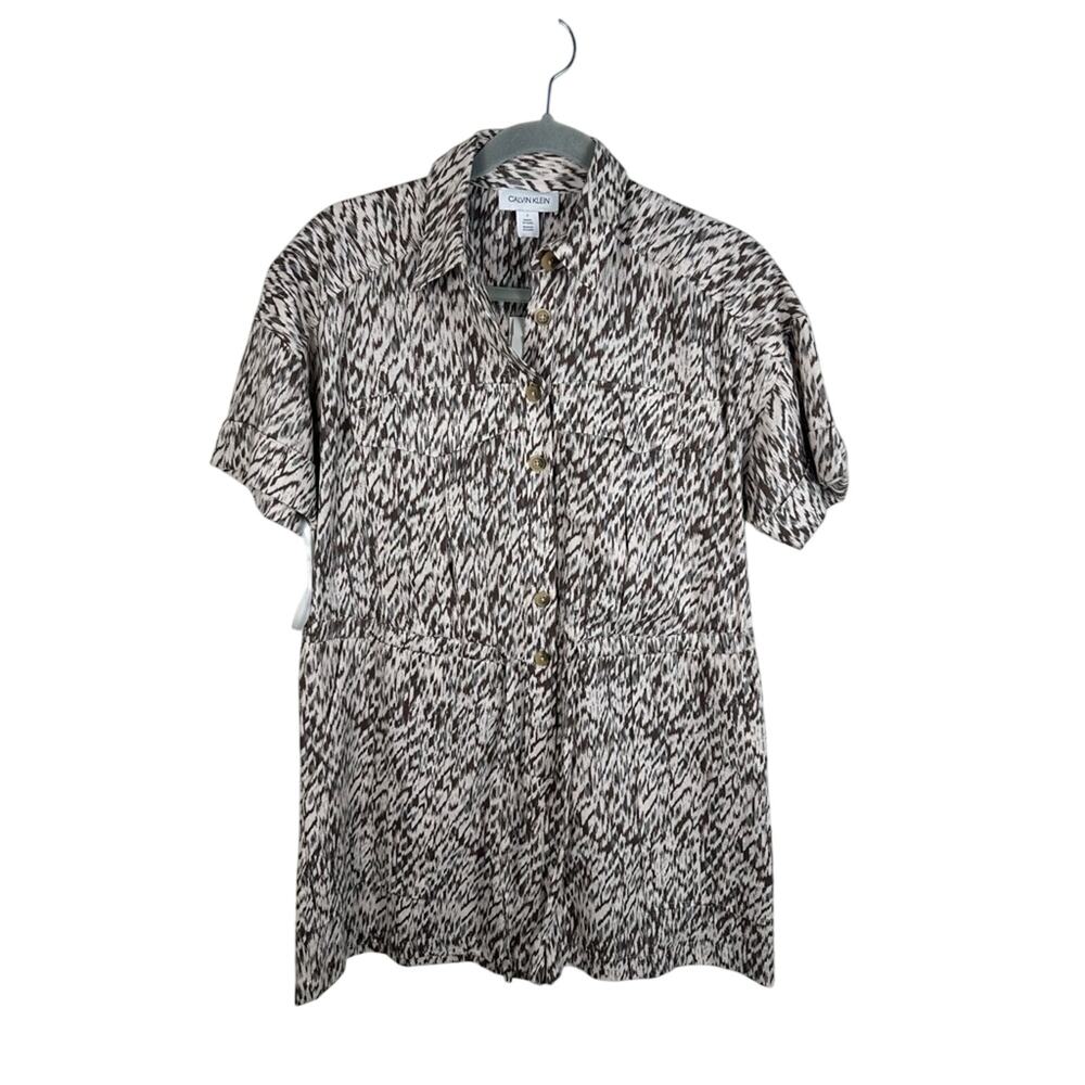 Calvin Klein Romper Women 2 Cream Animal Print NWT Linen Blend Safari Button